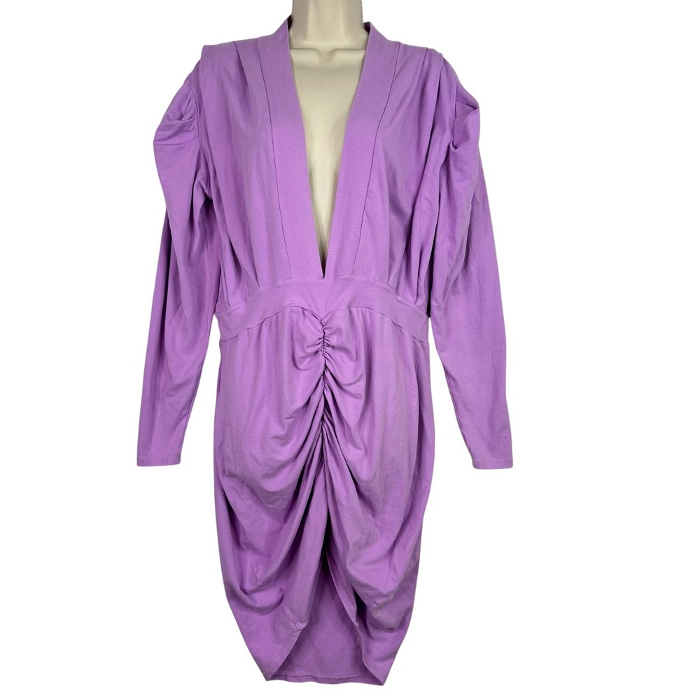 REBDOLLS Dress Women 2X Purple Ruched Deep V Long Sleeve Tulip Hem Bodycon